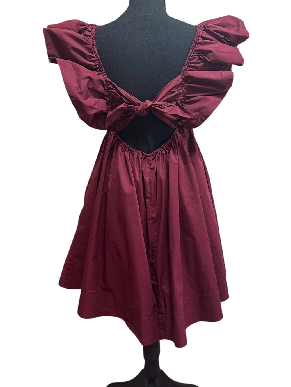 Day + Moon. Plunging V-Neck Ruffle Sleeve Mini Dress in Burgundy - Picture 5 of 6